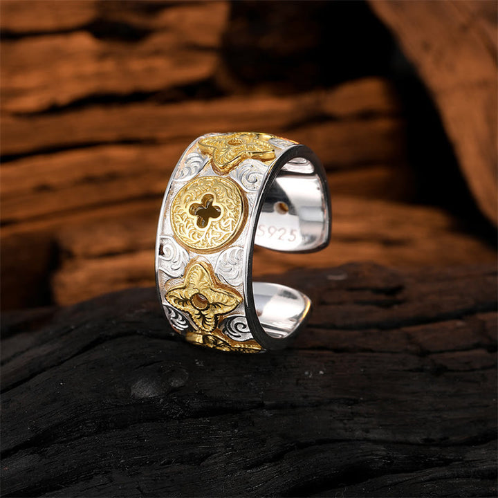Buddha Stones 925 Sterling Silver Vintage Tang Dynasty Flower Design Luck Ring - image 1