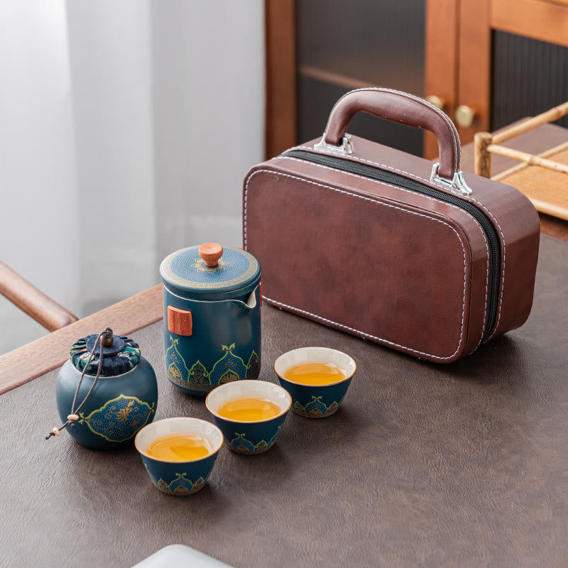 Buddha Stones Flower Chinese Gongfu Ceramic Teapot Portable Outdoor Travel Tea Set Bag - image 0