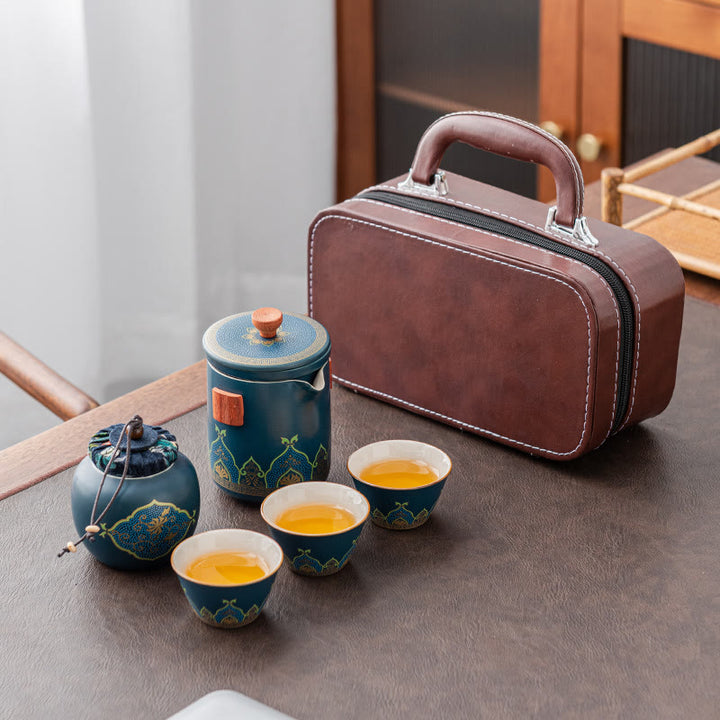 Buddha Stones Flower Chinese Gongfu Ceramic Teapot Portable Outdoor Travel Tea Set Bag - image 0