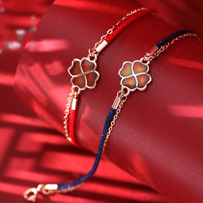 Buddha Stones 925 Sterling Silver Color-changing Four Leaf Clover Luck Protection Red String Bracelet - image 1