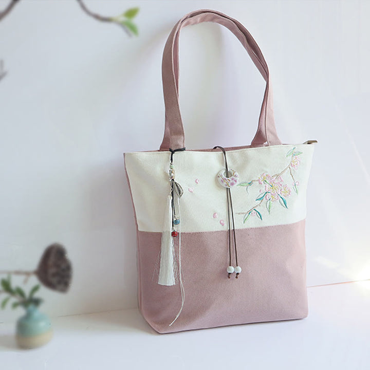 Buddha Stones Pear Flower Plum Peach Blossom Bamboo Embroidery Canvas Large Capacity Shoulder Bag Tote Bag - image 33