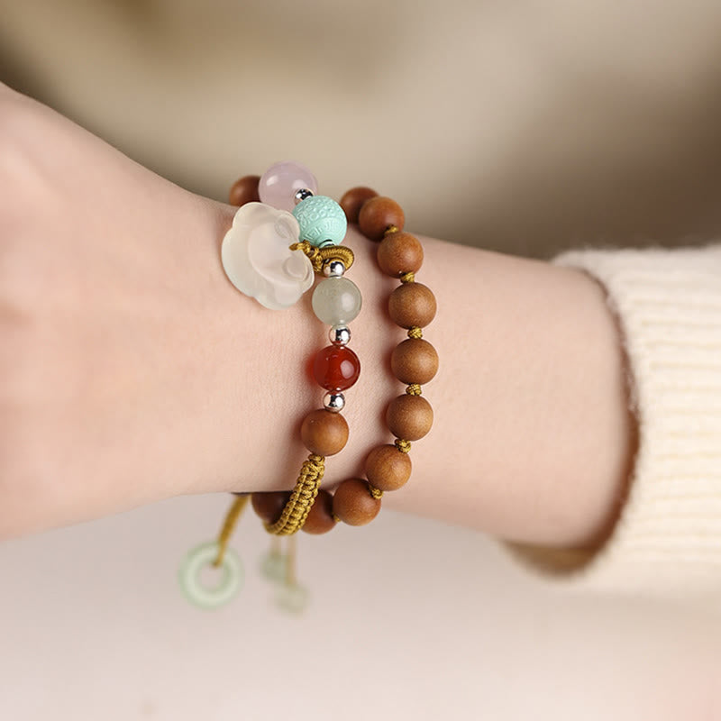 Buddha Stones Green Sandalwood Chalcedony Peace Buckle Charm Soothing Double Wrap Bracelet - image 10