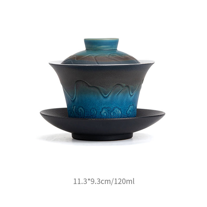 Buddha Stones Retro Blue Ocean Sea Waves Gradient Ceramic Gaiwan Sancai Teacup Kung Fu Tea Cup And Saucer With Lid - image 3