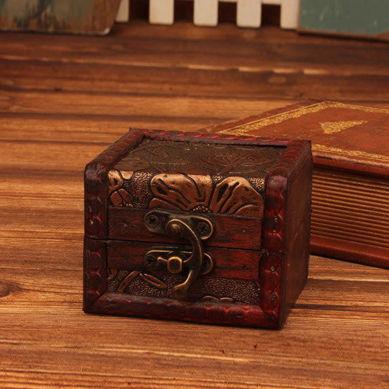 Buddha Stones Retro Small Square Wood Jewelry Box Lotus Grass Flower Grape Copper Coin Daffodil Jewelry Storage Box - Lotus 8*6.5*6cm - image 3