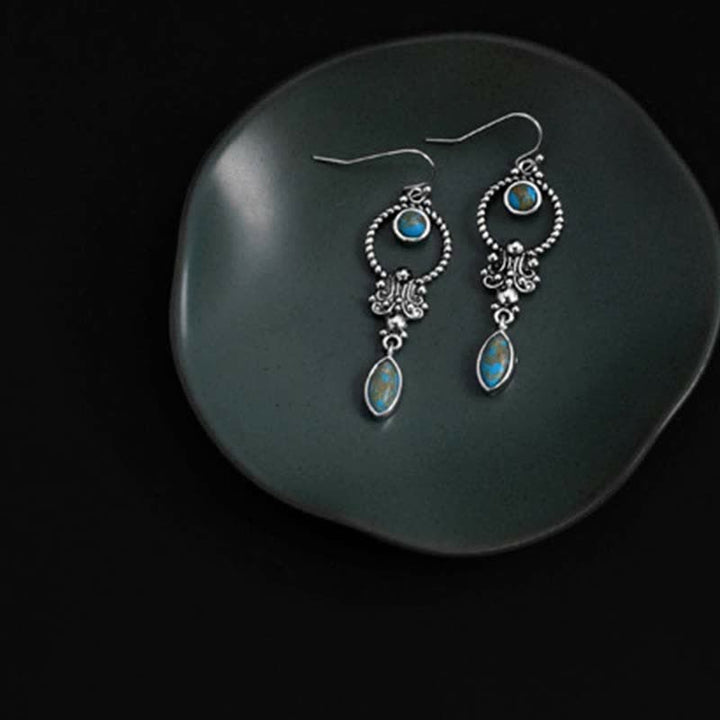 Buddha Stones 925 Sterling Silver Vintage Turquoise Waterdrop Pattern Balance Drop Dangle Earrings - image 3