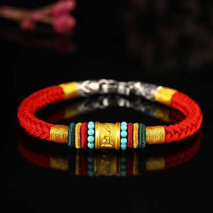 Buddha Stones Tibet 999 Gold Om Mani Padme Hum Handmade Eight Thread Peace Knot Luck Bracelet - Turquoise Silver Buckle Red Rope - 19cm - image 15