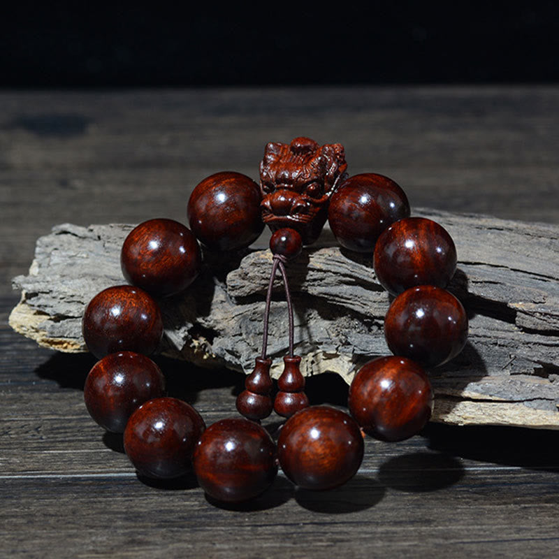 Buddha Stones Rosewood Green Sandalwood Small Leaf Red Sandalwood Dragon Carved Protection Bracelet - image 9