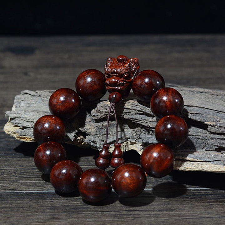 Buddha Stones Rosewood Green Sandalwood Small Leaf Red Sandalwood Dragon Carved Protection Bracelet - image 9