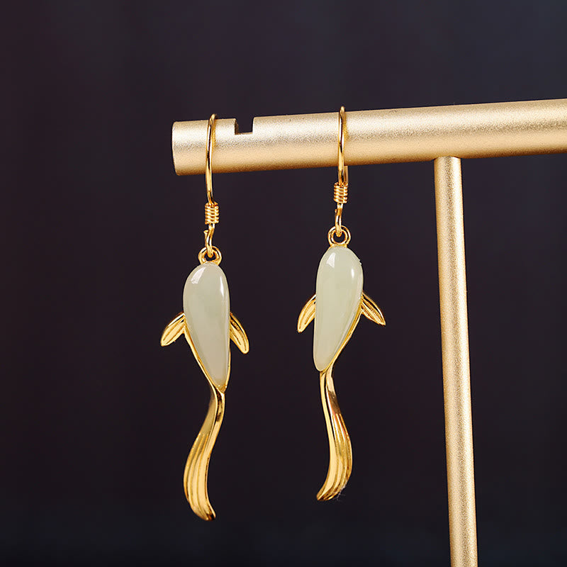 Fish Pattern Jade Luck Dangle Drop Earrings - image 1