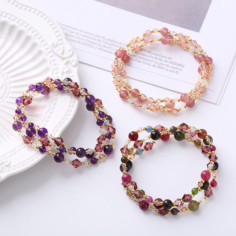 Buddha Stones Natural Tourmaline Strawberry Quartz Amethyst Peace Wisdom Double Wrap Bracelet - image 1