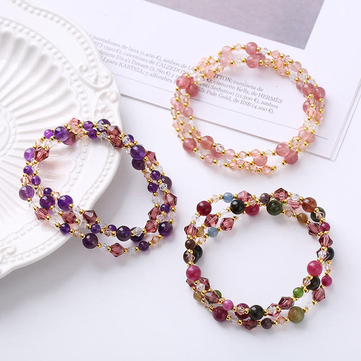 Buddha Stones Natural Tourmaline Strawberry Quartz Amethyst Peace Wisdom Double Wrap Bracelet - image 1