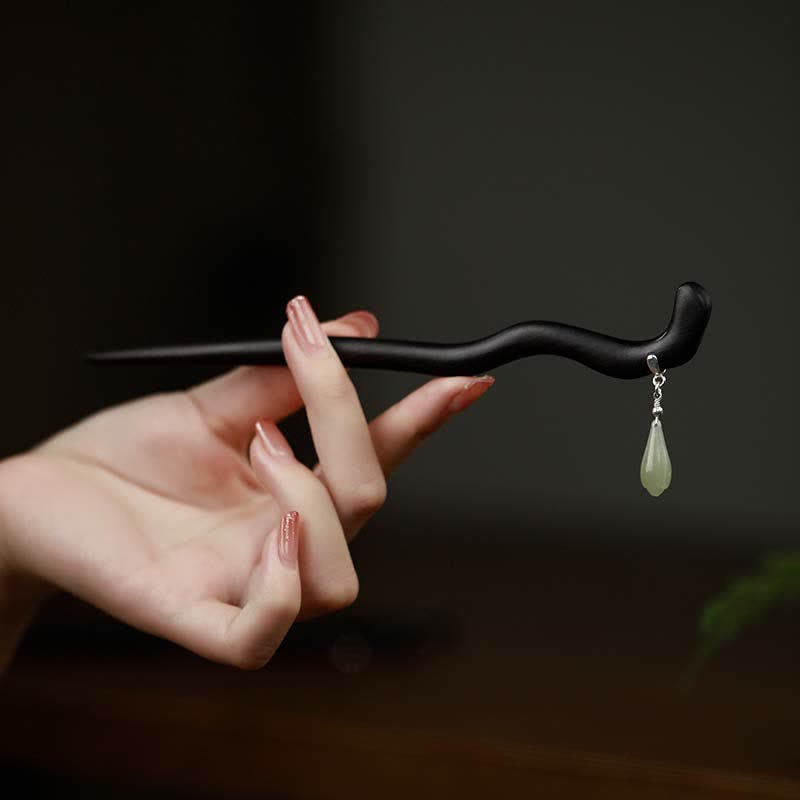 Buddha Stones 925 Sterling Silver Natural Hetian Jade Ebony Wood Luck Charm Hairpin - Hetian Jade (Prosperity ♥ Abundance) - image 0