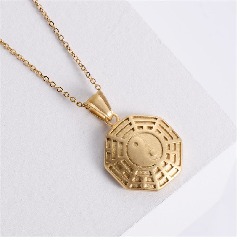 Buddha Stones Bagua Yin Yang Titanium Steel Balance Necklace Chain Pendant - Gold - image 0