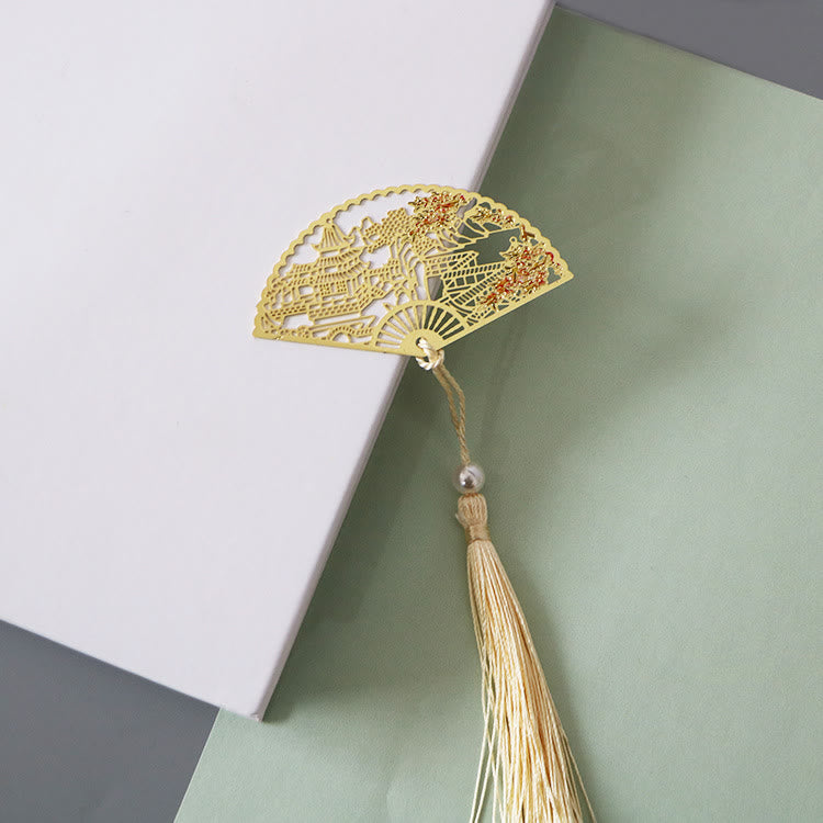 Buddha Stones Traditional Butterfly Lotus Flower Crane Dragon Phoenix Fox Koi Fish New Beginning Metal Brass Hollow Fan Bookmarks - Building Apricot Blossom - image 22