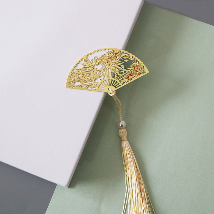 Buddha Stones Traditional Butterfly Lotus Flower Crane Dragon Phoenix Fox Koi Fish New Beginning Metal Brass Hollow Fan Bookmarks - Building Apricot Blossom - image 22