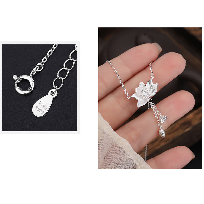 Buddha Stones 999 Sterling Silver Lotus Flower Pod Carved Enlightenment Necklace Pendant - image 6