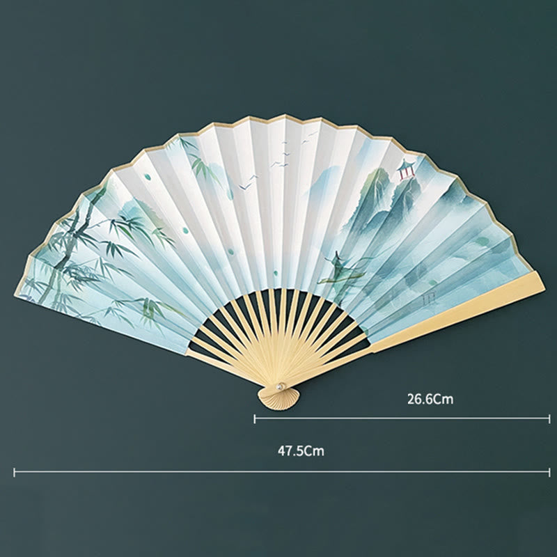 Buddha Stones Retro Lotus Flower Leaf Mountain Lake Handheld Folding Fan With Bamboo Frames - image 13