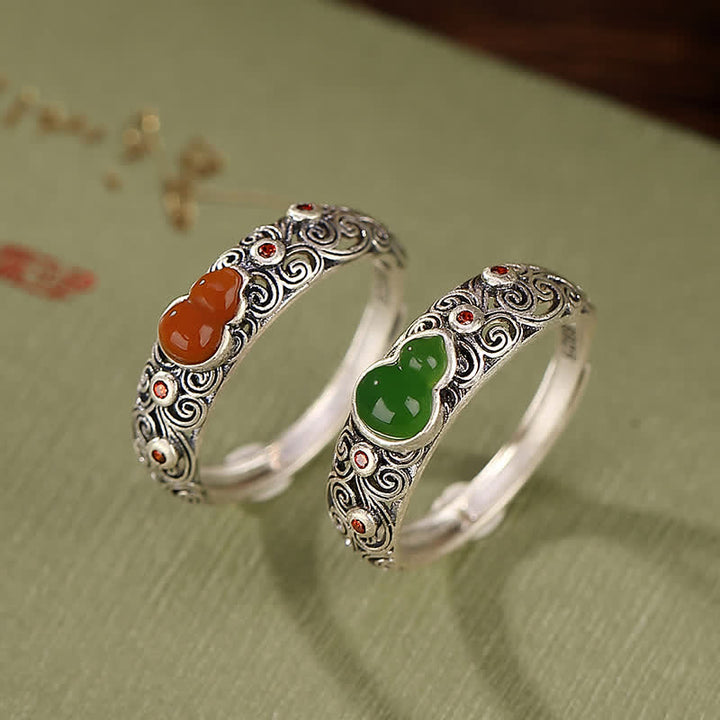 Buddha Stones 925 Sterling Silver Red Agate Cyan Jade Gourd Blessing Auspicious Ring - image 1
