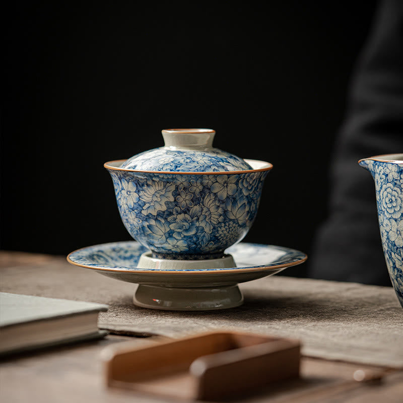 Buddha Stones Vintage Blue And White Porcelain Peach Blossom Lotus Peony Ceramic Gaiwan Sancai Teacup Kung Fu Tea Cup And Saucer With Lid - 9.3cm*9.8cm*150ml(Saucer 13.3cm) - image 0
