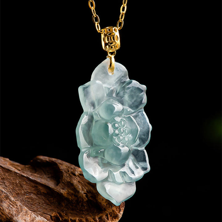 Buddha Stones 18K Gold Natural Jade Lotus Pattern Prosperity Necklace Pendant - image 3