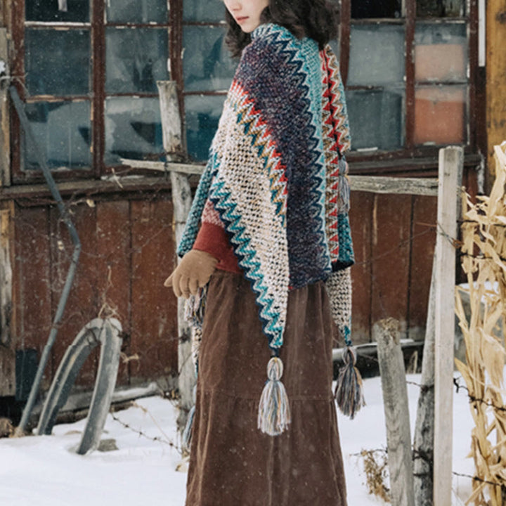 Buddha Stones Tibetan Shawl Blue Beige Red Wavy Pattern Winter Warm Tassel Scarf - image 10