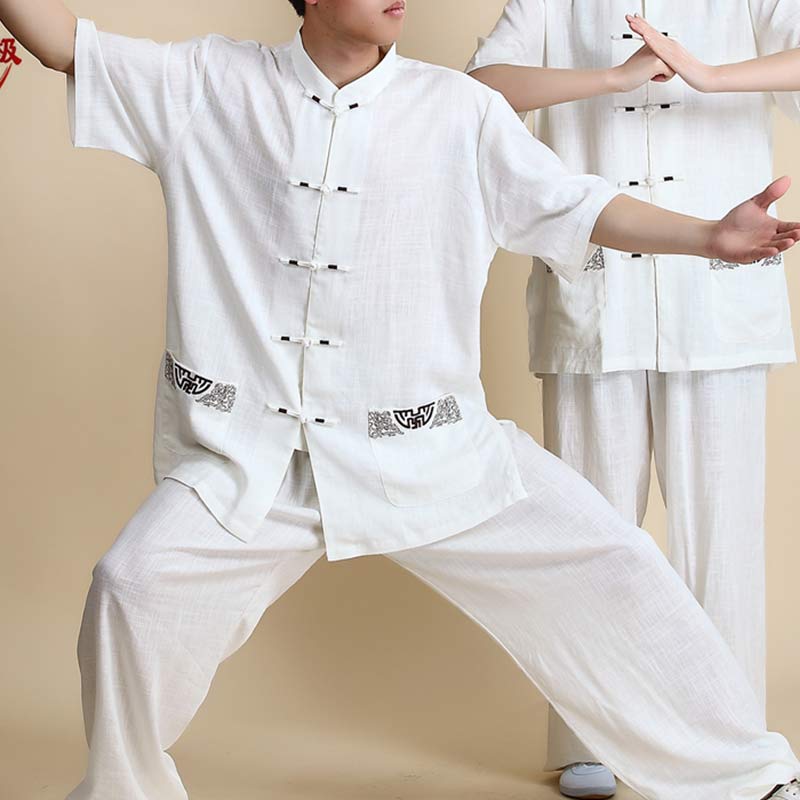 Buddha Stones Meditation Zen Prayer Spiritual Tai Chi Qigong Practice Unisex Embroidery Clothing Set - Short Sleeve White Embroidery - US14，UK/AU18，EU46 (3XL) - image 21