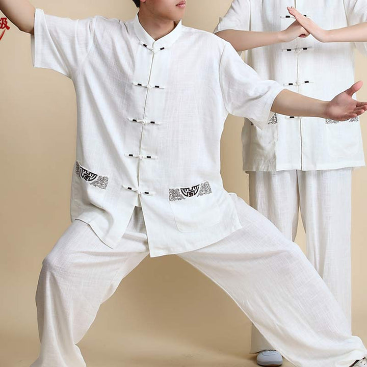 Buddha Stones Meditation Zen Prayer Spiritual Tai Chi Qigong Practice Unisex Embroidery Clothing Set - Short Sleeve White Embroidery - US14，UK/AU18，EU46 (3XL) - image 21