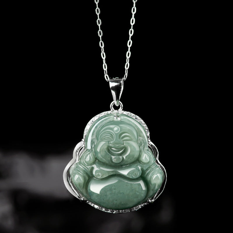 Buddha Stones 925 Sterling Silver Laughing Buddha Jade Abundance Necklace Chain Pendant - image 1