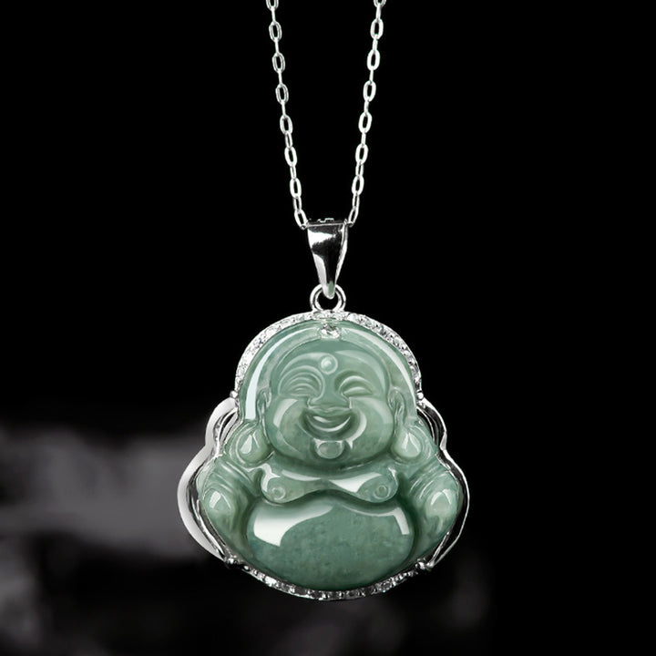 Buddha Stones 925 Sterling Silver Laughing Buddha Jade Abundance Necklace Chain Pendant - image 1