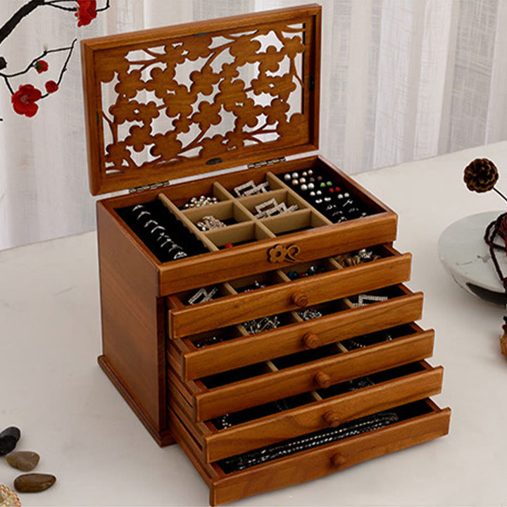 Buddha Stones Vintage Plum Blossom Carved Wooden Jewelry Box Six-Layer Jewelry Storage Box - image 13