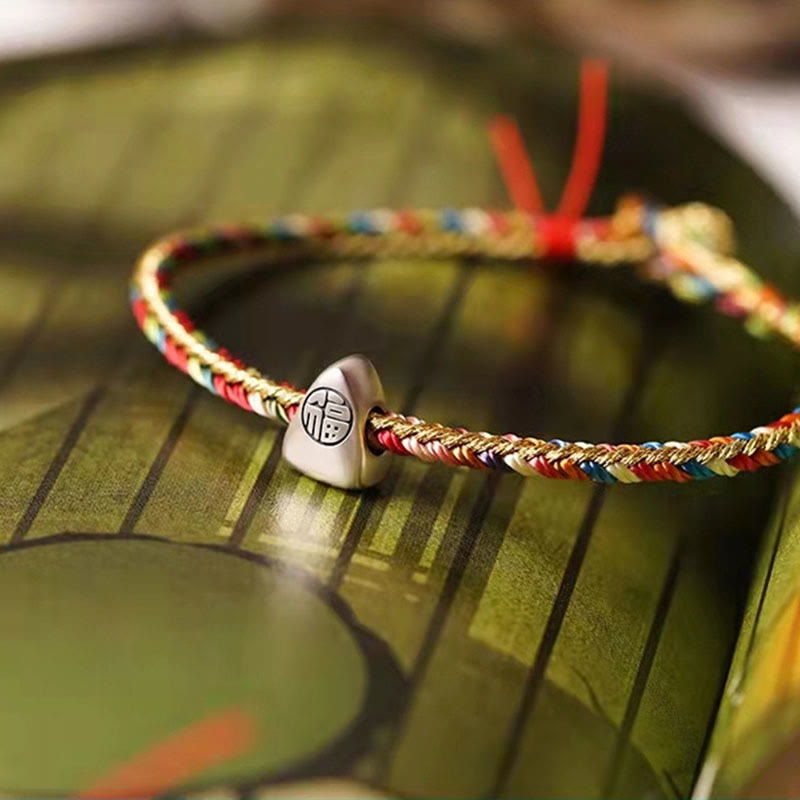 Buddha Stones 925 Sterling Silver Fu Character Zongzi Pattern Multicolored String Luck Handmade Braided Bracelet - image 2