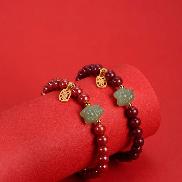 Buddha Stones 925 Sterling Silver Year of the Dragon Natural Cinnabar Hetian Jade Dragon Fu Character Ruyi As One Wishes Charm Blessing Bracelet - image 14