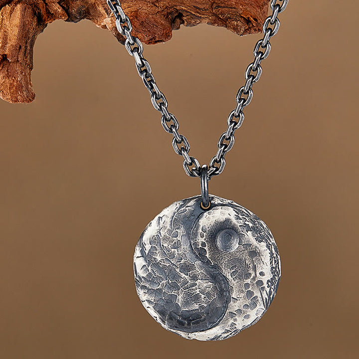 Buddha Stones 990 Sterling Silver Yin Yang Hammer Texture Harmony Necklace Pendant - image 1