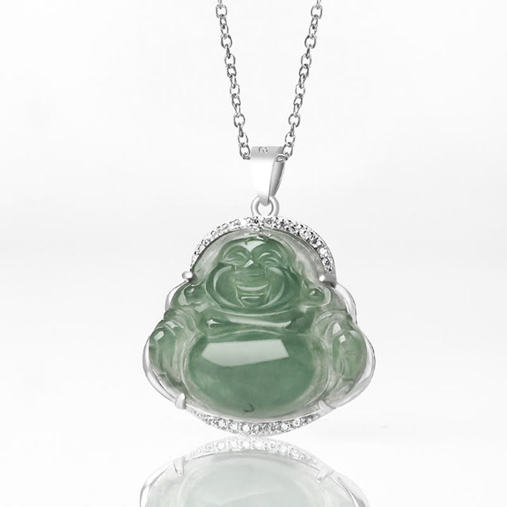 Buddha Stones 925 Sterling Silver Laughing Buddha Natural Jade Luck Prosperity Necklace Chain Pendant - image 4