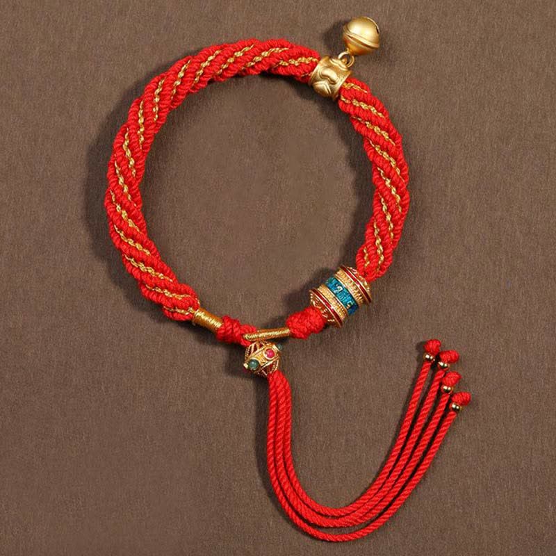 Buddha Stones Tibetan Handmade Luck Protection Thangka Prayer Wheel Bell Charm Braid String Bracelet - Red(Wrist Circumference 14-19cm) - image 0