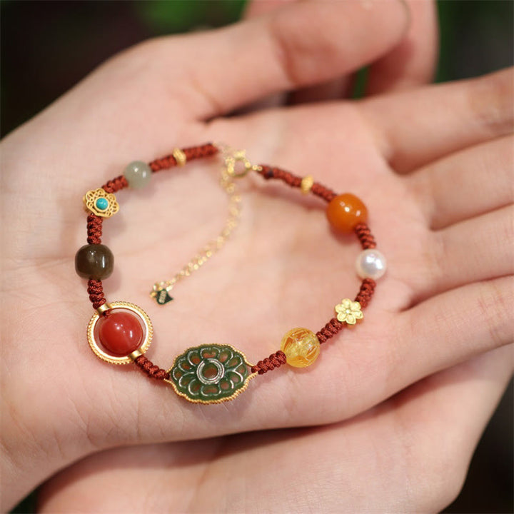 Buddha Stones 925 Sterling Silver Natural Hetian Jade Amber Red Agate Crystals Luck Bracelet - Hetian Jade Lotus&Amber&Red Agate&Pearl - image 9