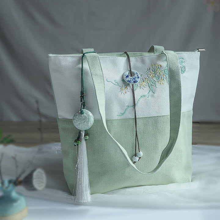 Buddha Stones Pear Flower Plum Peach Blossom Bamboo Embroidery Canvas Large Capacity Shoulder Bag Tote Bag - image 36