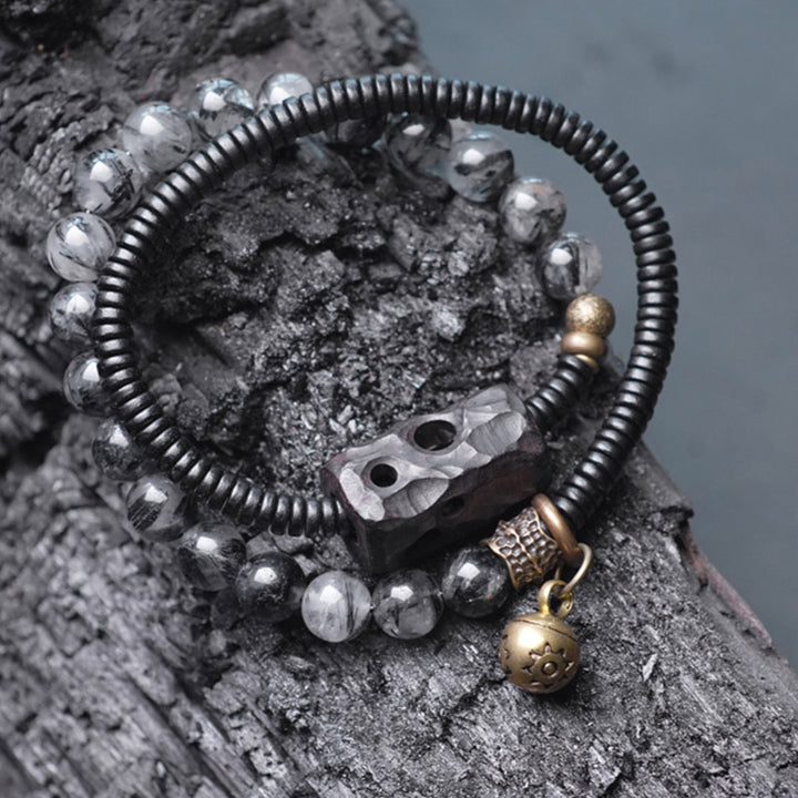 Buddha Stones Black Rutilated Quartz Ebony Wood Copper Wisdom Couple Bracelet - image 3