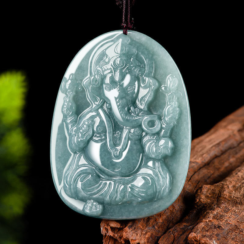 Buddha Stones Natural Jade Ganesh Ganpati Elephant Protection Amulet Necklace Pendant - image 1