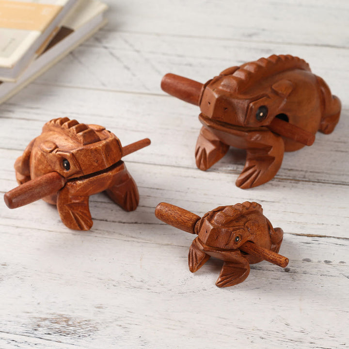 Buddha Stones Handcrafted FengShui Wealth Luck Frog Mini Wooden Croaking Frog Guiro Decoration - image 2