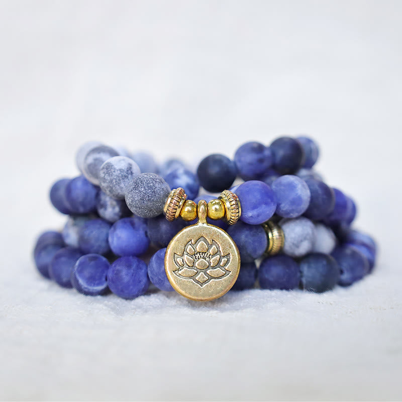 Buddha Stones 108 Natural Picasso Jasper & Blue Stone Mala Bead Lotus Pendant Bracelet - image 0