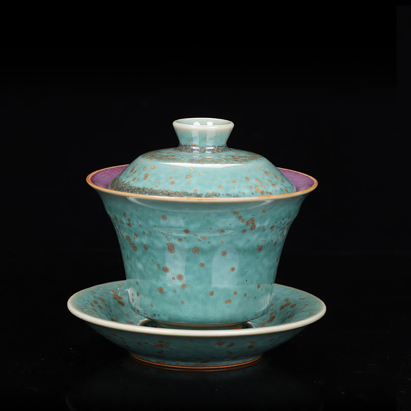 Buddha Stones Retro Glaze Kiln Change Ceramic Gaiwan Sancai Teacup Kung Fu Tea Cup And Saucer With Lid - Green - 9.8cm*9cm*150ml - image 18