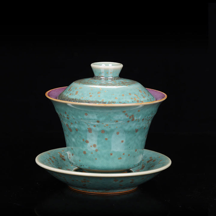 Buddha Stones Retro Glaze Kiln Change Ceramic Gaiwan Sancai Teacup Kung Fu Tea Cup And Saucer With Lid - Green - 9.8cm*9cm*150ml - image 18