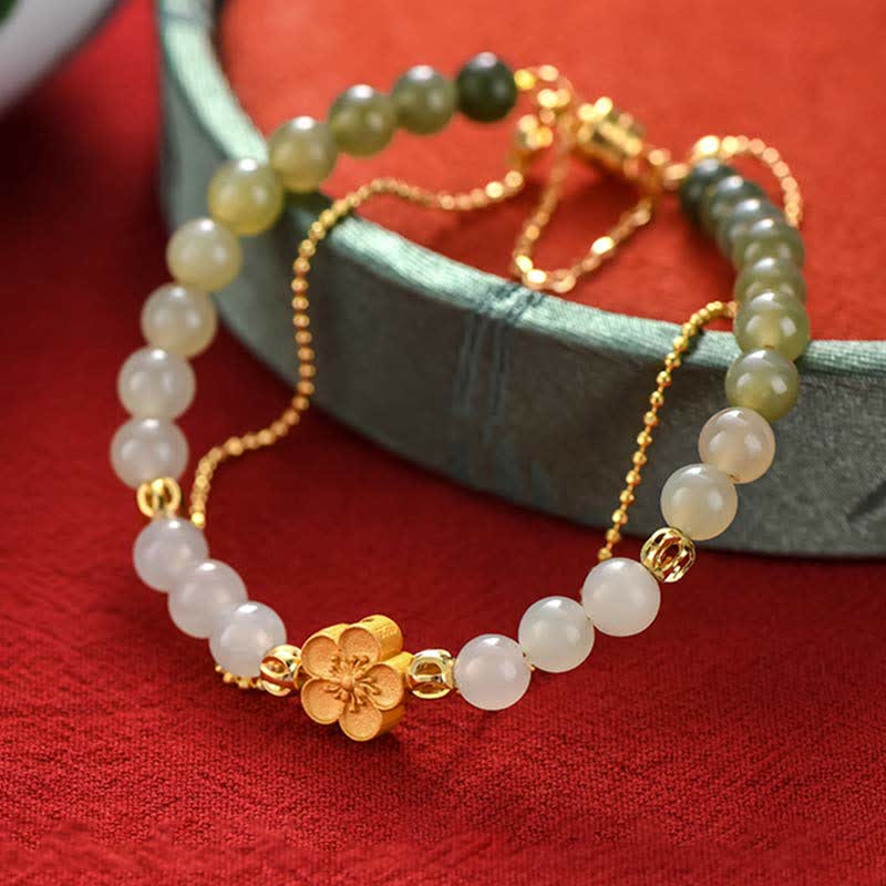Buddha Stones 925 Sterling Silver Natural Hetian Jade Peach Blossom Luck Chain Bracelet - image 6
