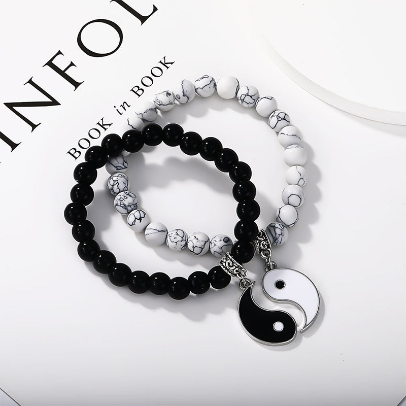 Buddha Stones 2Pcs Black Onyx White Turquoise Bead Yin Yang Protection Couple Bracelet - Silver Black Onyx& White Turquoise - image 13