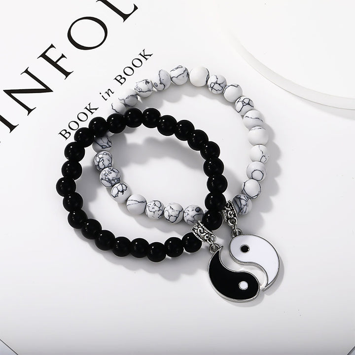 Buddha Stones 2Pcs Black Onyx White Turquoise Bead Yin Yang Protection Couple Bracelet - Silver Black Onyx& White Turquoise - image 13