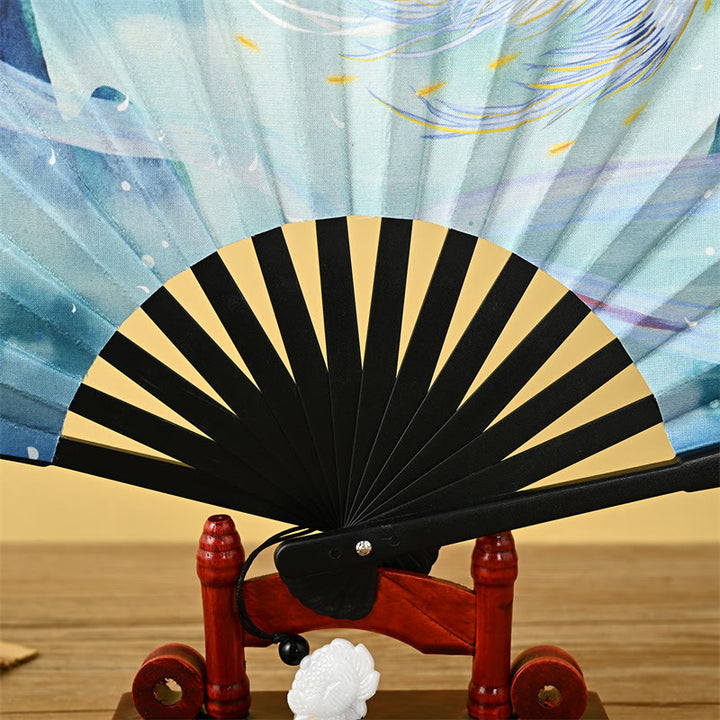 Buddha Stones Vintage Phoenix Nine Tailed Fox Flower Bamboo Tiger Handheld Folding Fan Lotus Tassel Fan - image 2