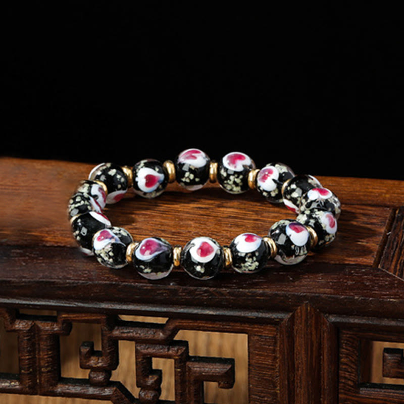 Buddha Stones Gold Swallowing Beast Family Pink Love Heart Luminous Fluorescent Liuli Glass Bead Bracelet - Black - Simple Version - image 14