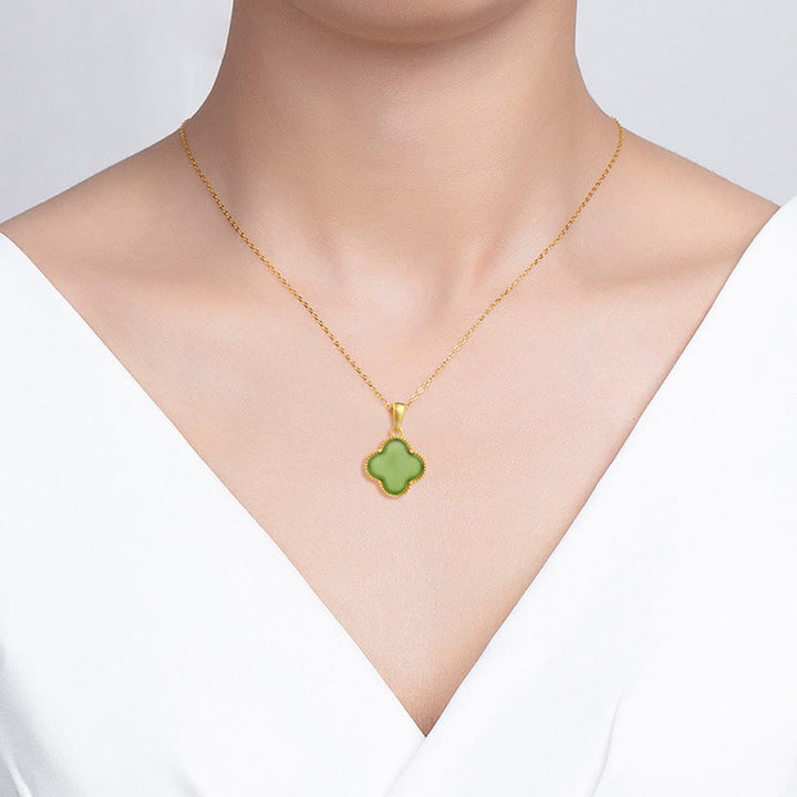 Buddha Stones 925 Sterling Silver Natural Hetian Jade Luck Four Leaf Clover Necklace Pendant - image 6