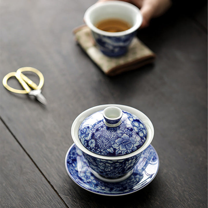 Buddha Stones Vintage Blue And White Porcelain Ceramic Gaiwan Sancai Teacup Kung Fu Tea Cup And Saucer With Lid - image 10